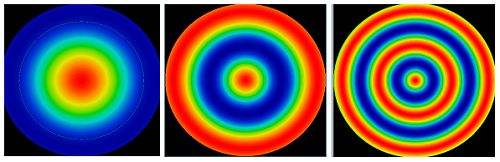 图 2: Radial cosine irregularity maps on a 25mm diameter f/2 asphere surface. The cosine periods from left to right are 20mm, 10mm, and 5mm