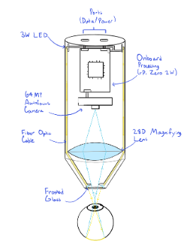 Drawing showing fiber-optic illumination, retinal imaging optics, and camera and processing layout.