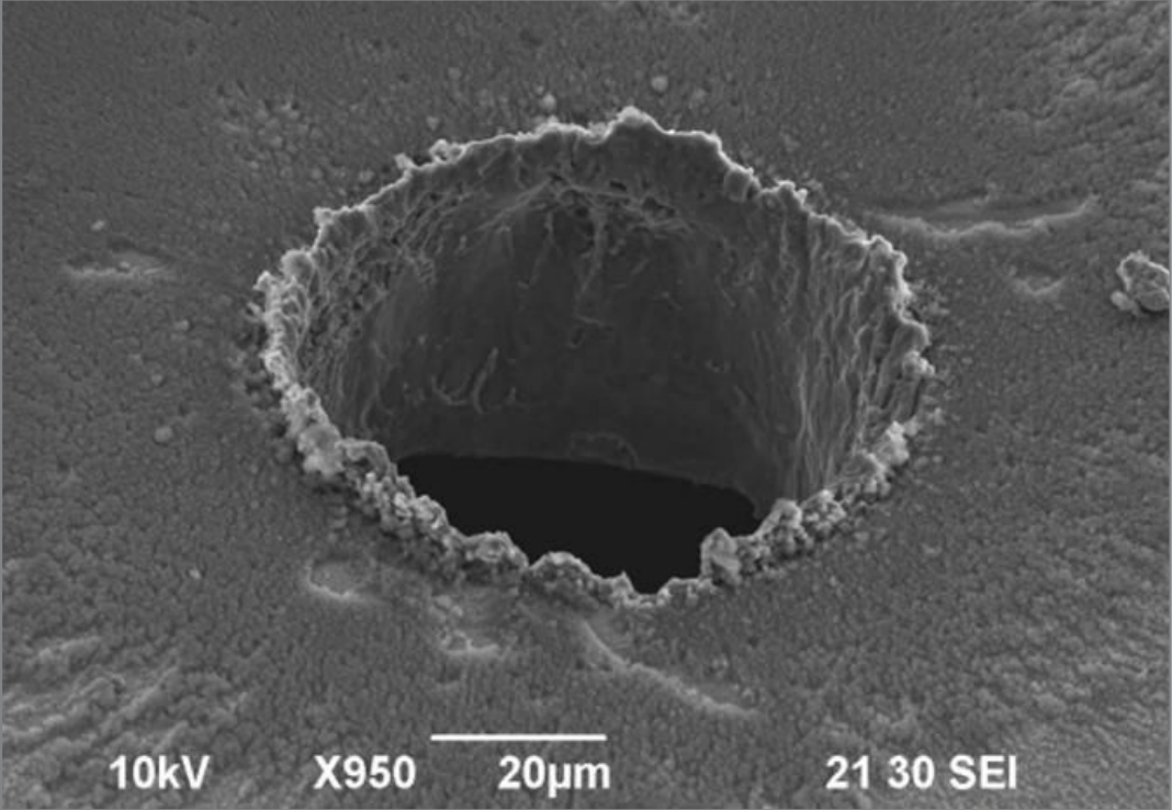 图 5：意大利技术研究所进行的激光微加工实验表明，在恒定通量下，当光斑尺寸从 220 微米减小到 9 微米时，纳秒激光钻孔系统的烧蚀效率提高了十倍。