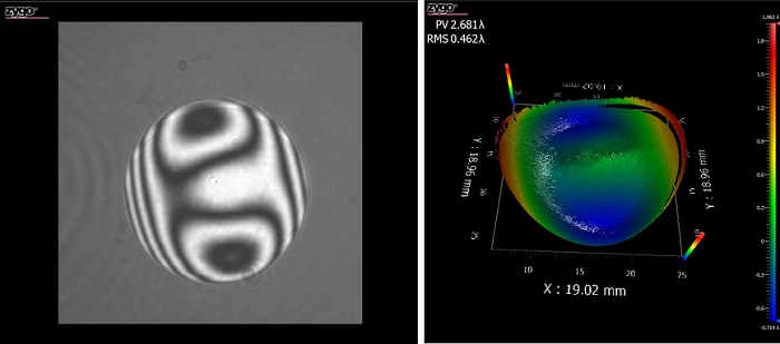 图 7: 干涉仪的样本图像，显示测试和参考光束进行相长干涉的明亮区域和进行相消干涉的暗环（左），以及测试光学元件的三维重建结果（右）