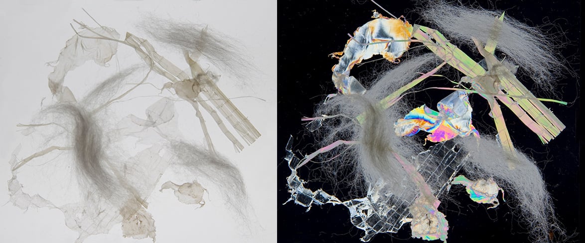 By using ITOS polarizers, the hard-to-detect foreign transparent and semi-transparent parts in cotton (left) become visible and detectable by using polarized light (right)